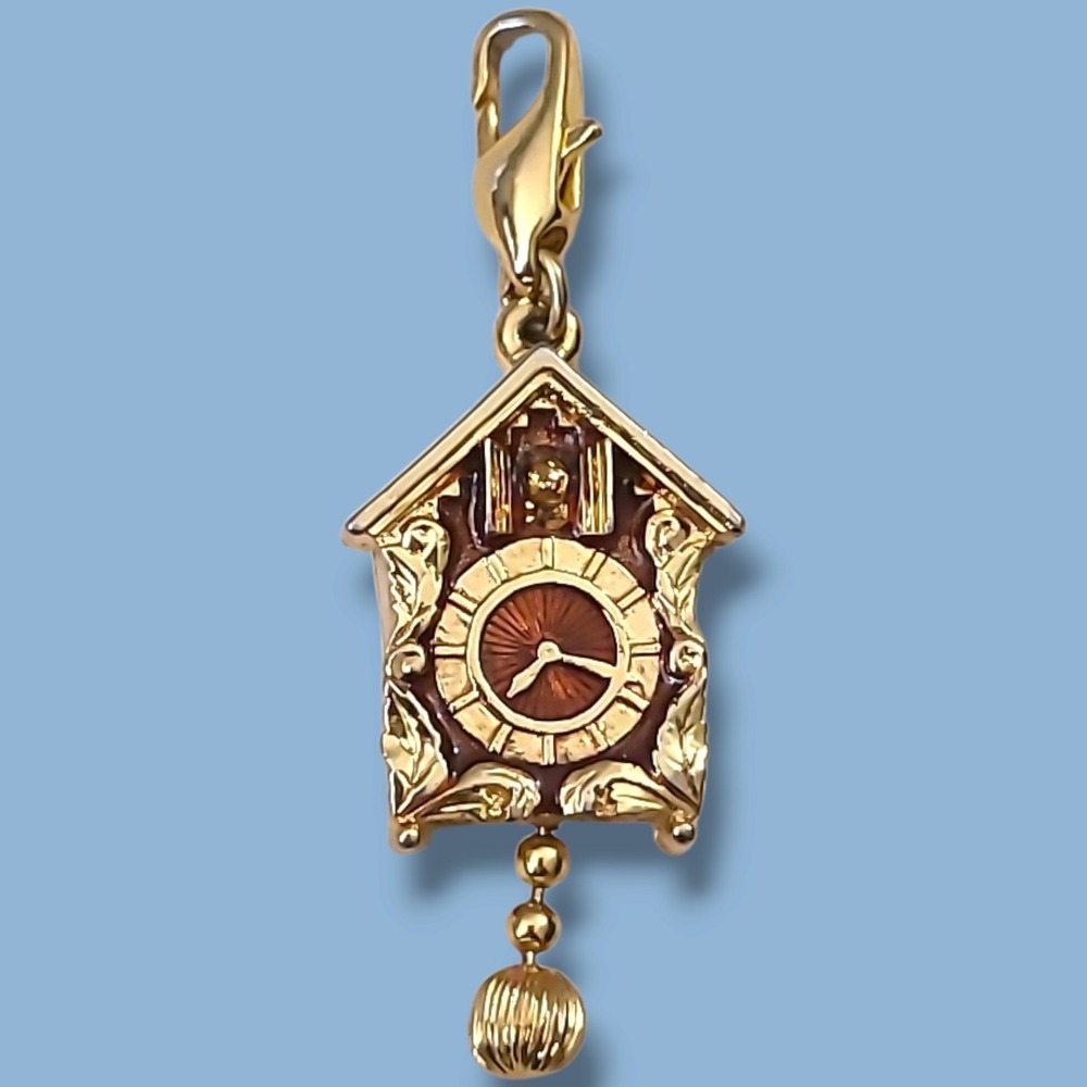 Vintage Clip-on Cuckoo Clock Charm Gold Tone Brown Enamel